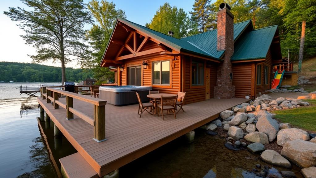 A cozy lakeside cabin with a large deck and dock.