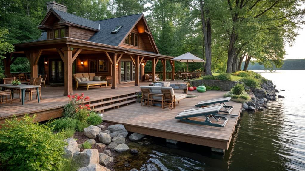 A luxurious lake house with a large deck, dock, and playset.